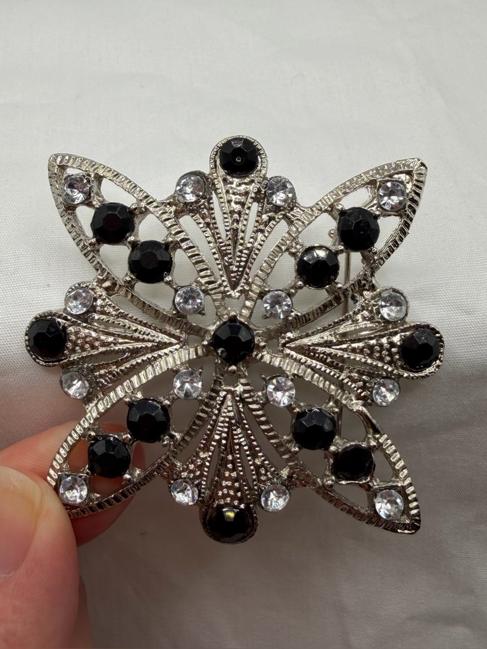 Vintage Filigree Silvertone Starburst Brooch Pin Black Clear Rhinestones